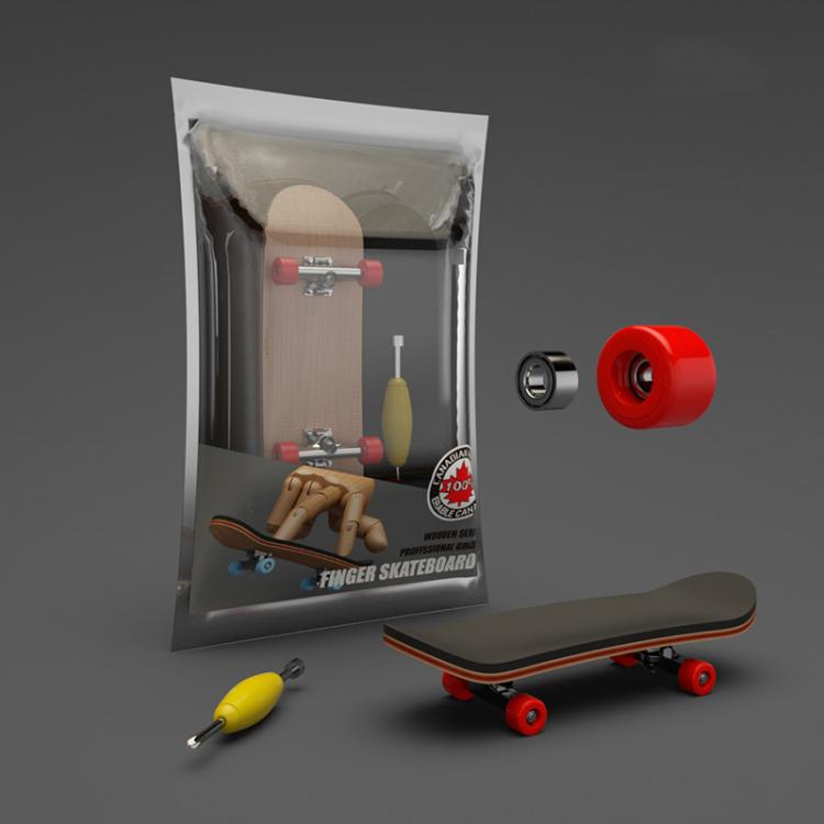 Finger skateboard toy with red wheels and wooden deck, shown in retail box