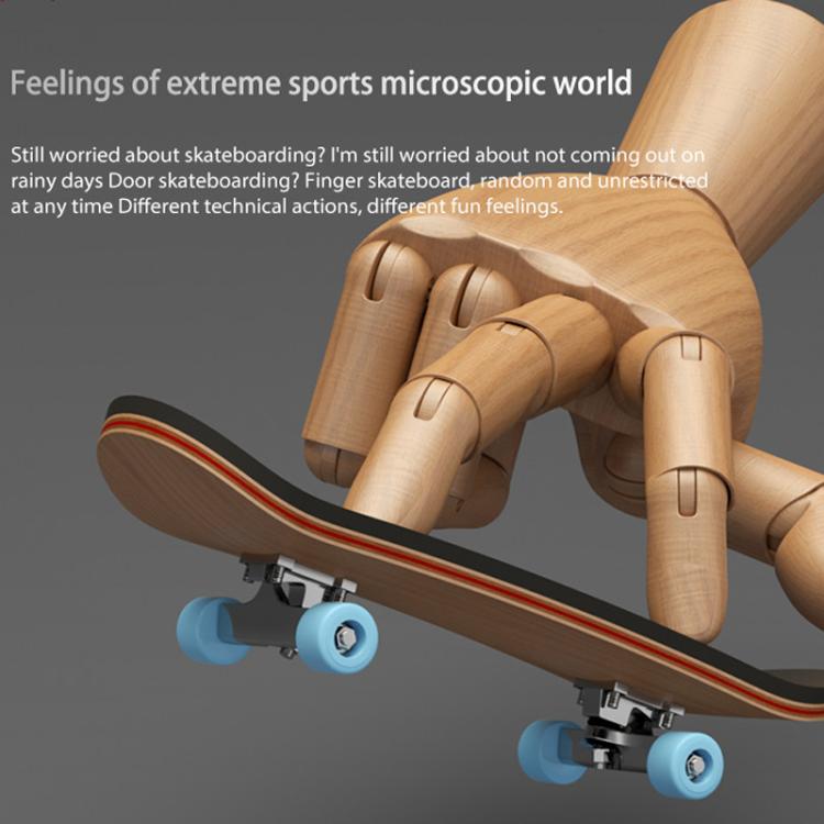 Wooden finger skateboard held by a hand figure, with blue wheels and black deck trim
