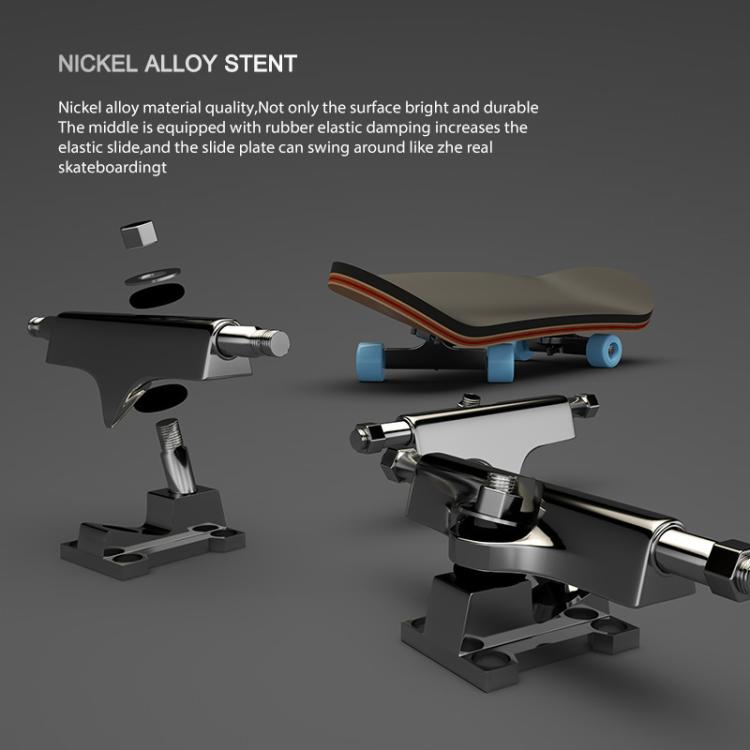 Finger skateboard on metal stand with chrome hardware and blue wheel detail