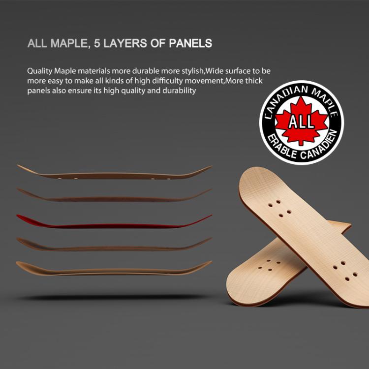 5-layer maple finger skateboard deck with wood panel cross-sections and wheel cutouts