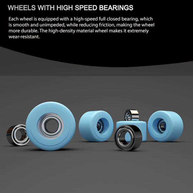 Finger skateboard toy with light blue wheels and metal bearings, 4-wheel view