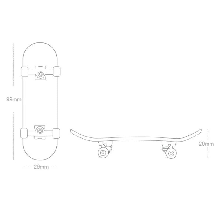 Finger skateboard diagram with light blue wheels and bracket, size dimensions shown