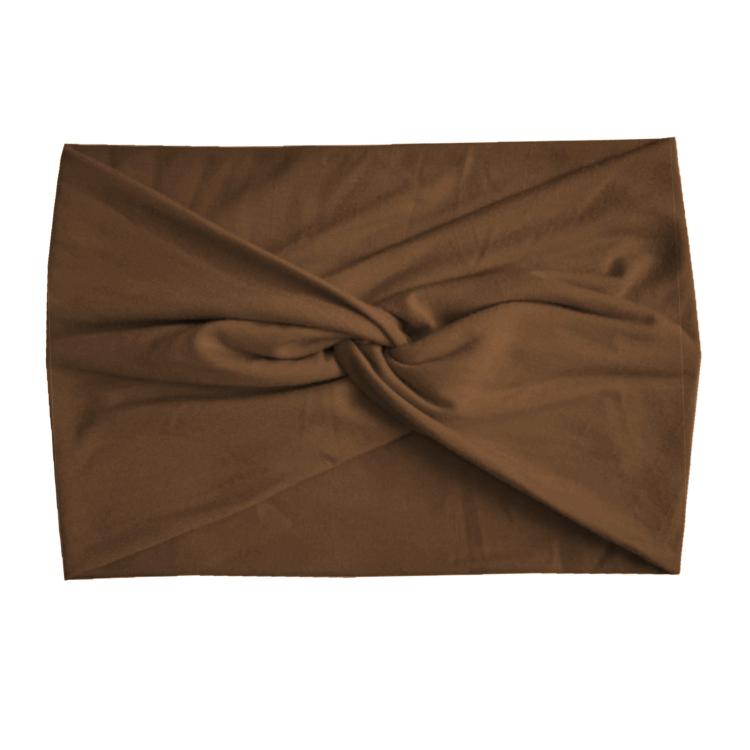 Brown wide elastic cross headband with twisted front knot for yoga and running