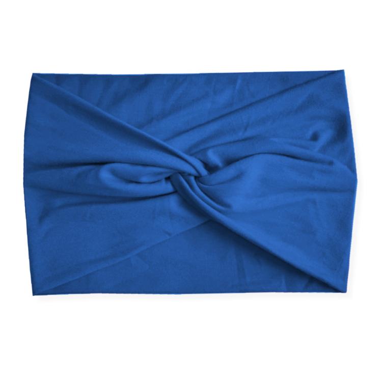 Dark blue wide elastic cross headband with twisted front knot for yoga and running