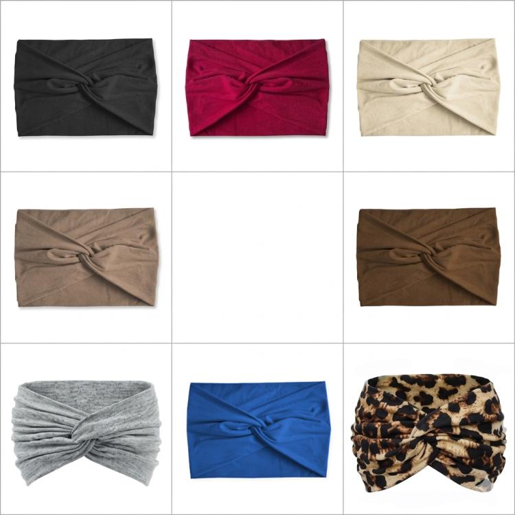 Assorted wide elastic cross headbands with twisted front knot in multiple colors