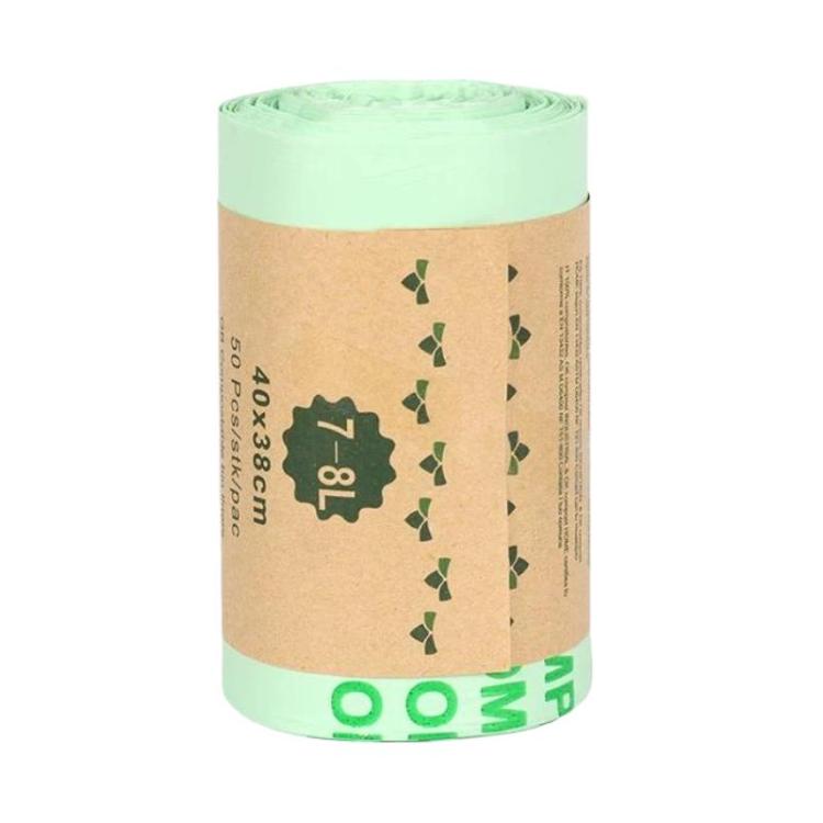 Compostable PLA garbage bag roll, light green and kraft label, 40 x 38 cm
