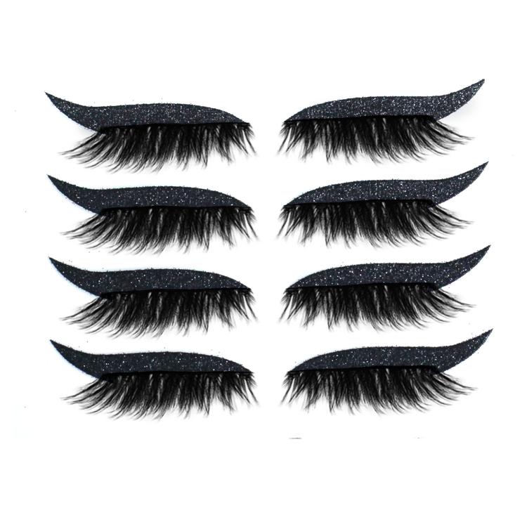 Dark glitter false eyelashes with black lash bands; four pairs with curved eyeliner strips
