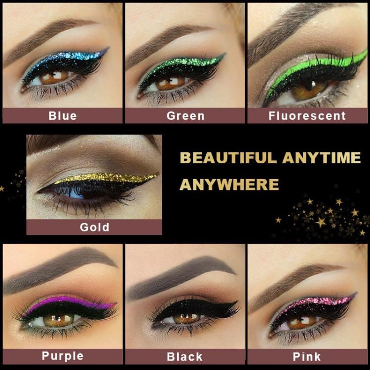Glitter eyeliner false-lash color swatches: blue, green, gold, purple, black, pink, fluorescent