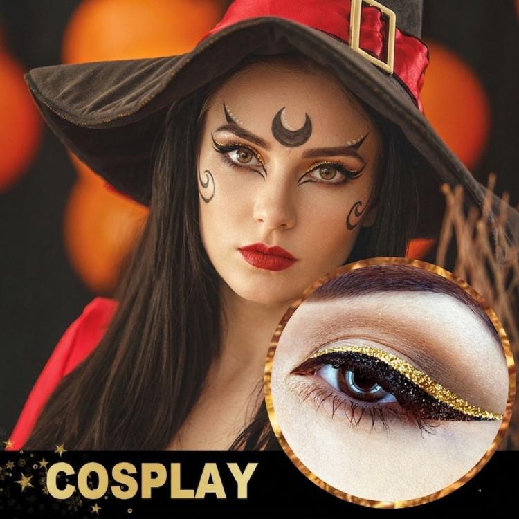 Gold glitter eyelid makeup with curled false eyelashes and black winged eyeliner