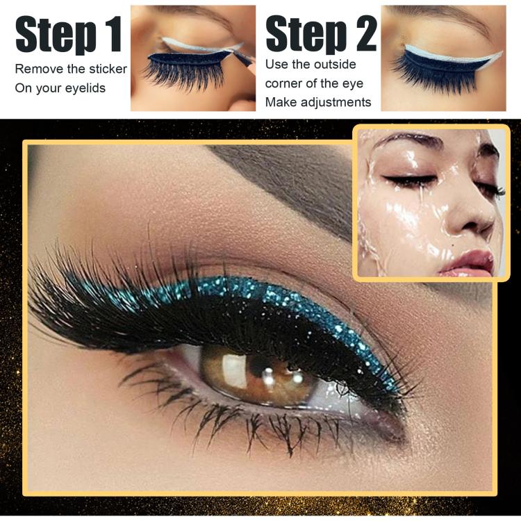 Turquoise glitter false eyelash sticker along the upper lash line over blue eyeliner