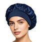 Adjustable satin shower cap in dark blue, gathered wide brim sleep bonnet style