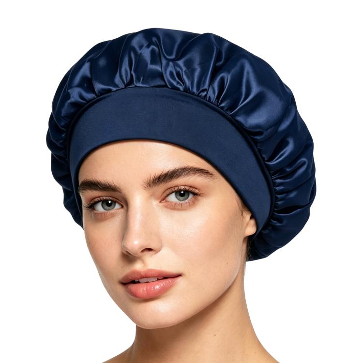 Adjustable satin shower cap in dark blue, gathered wide brim sleep bonnet style