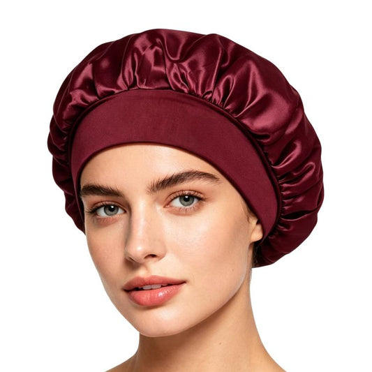 Adjustable satin shower cap in dark red, gathered wide brim sleep bonnet style