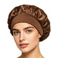 Adjustable satin shower cap in coffee brown, gathered wide brim sleep bonnet style