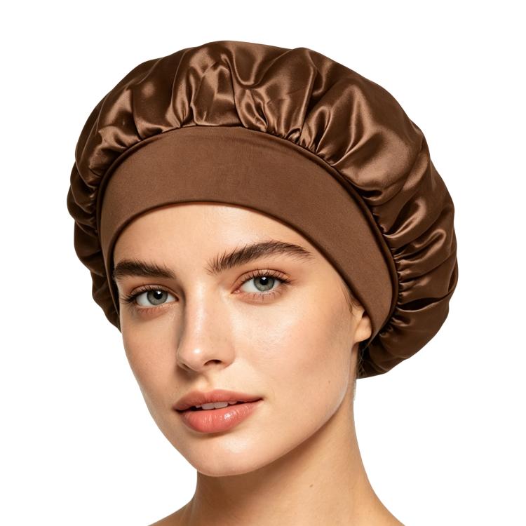 Adjustable satin shower cap in coffee brown, gathered wide brim sleep bonnet style