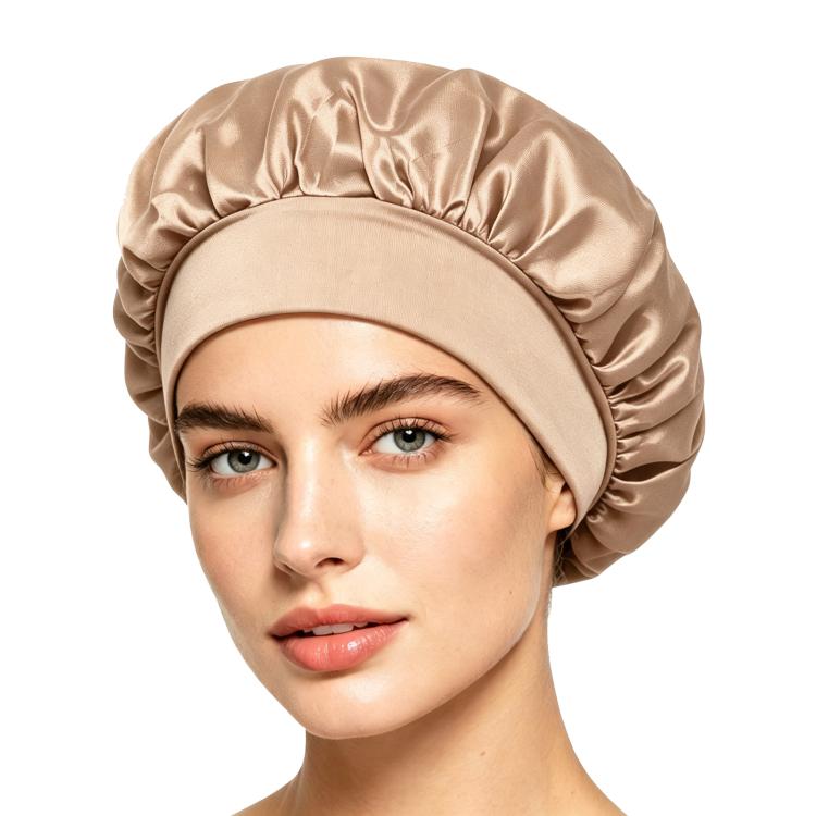 Adjustable satin shower cap in beige, gathered wide brim sleep bonnet style