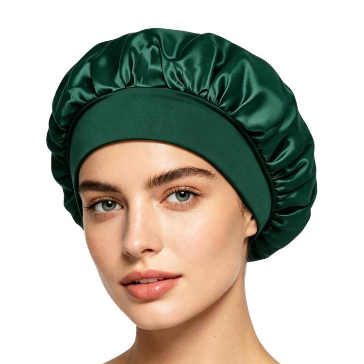 Adjustable satin shower cap in dark green, gathered wide brim sleep bonnet style