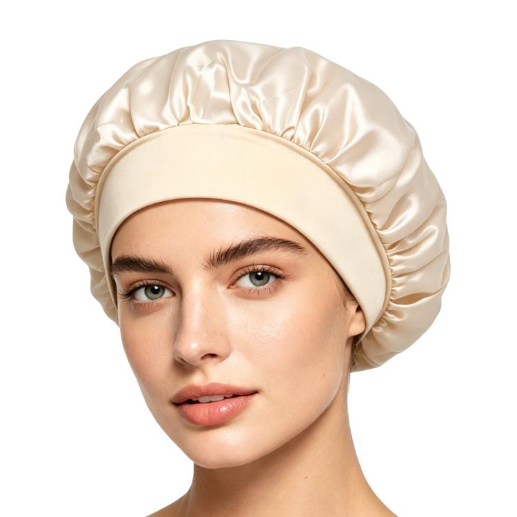 Adjustable satin shower cap in light beige, gathered wide brim sleep bonnet style
