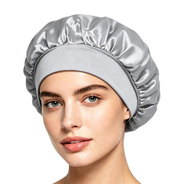 Adjustable satin shower cap in silver gray, gathered wide brim sleep bonnet style