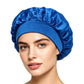 Adjustable satin shower cap in bright blue, gathered wide brim sleep bonnet style