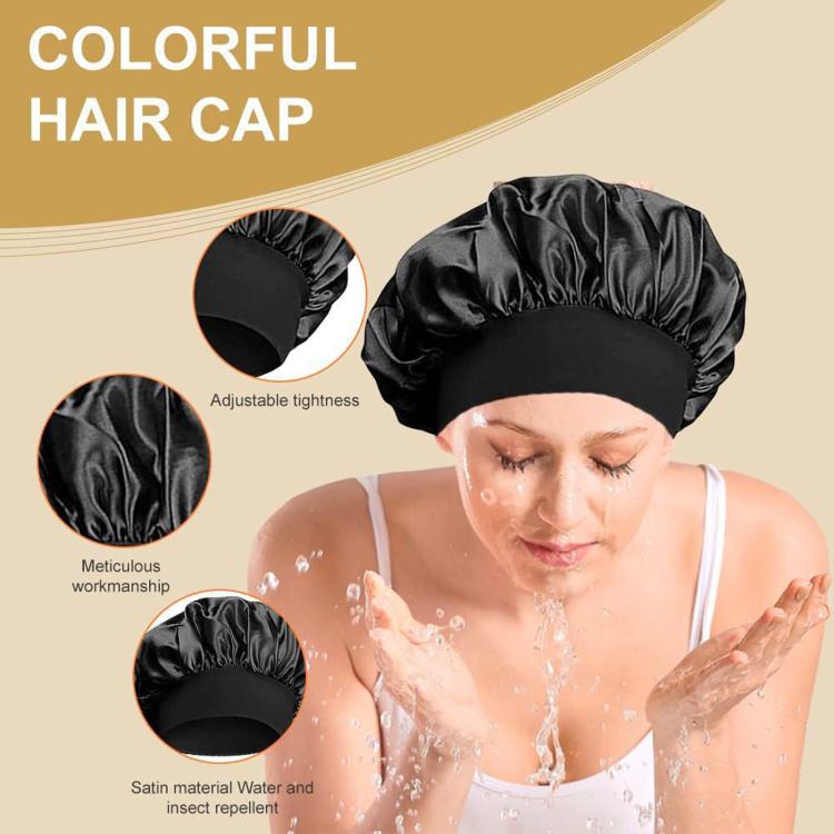 Black satin shower cap with adjustable fit and ruched crown