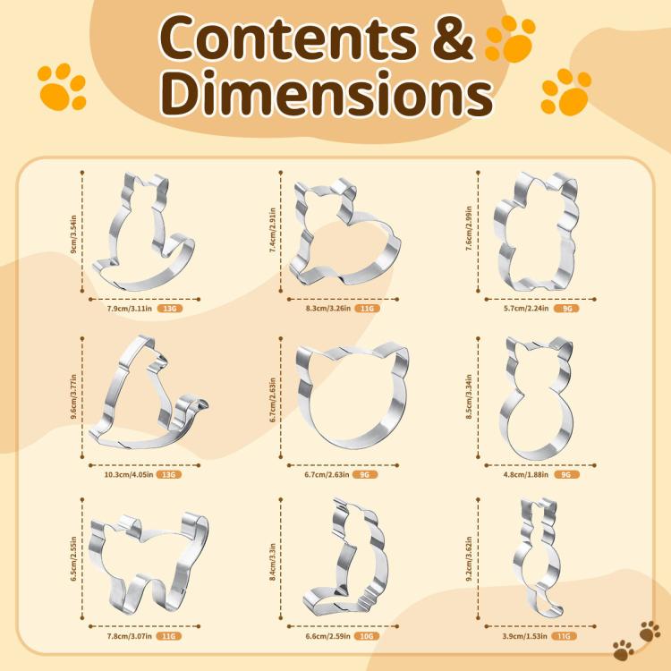 Stainless Steel Cat Shape Cookie Mold Cartoon Cookie Cutter, LsCook 9-Piece Set