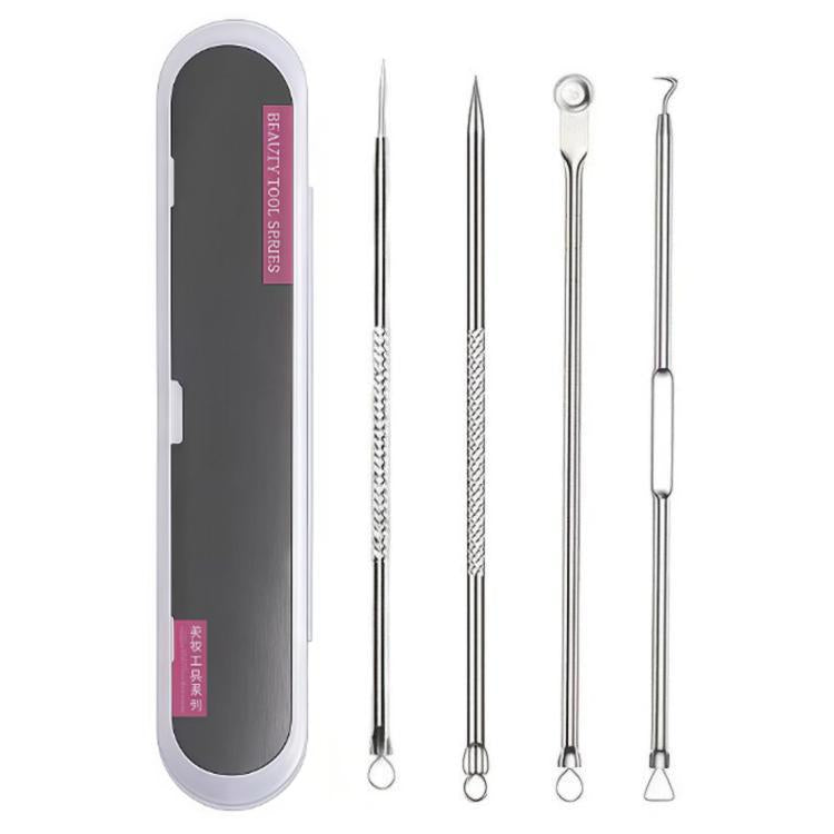 Stainless steel blackhead extraction tool set with 4 loop tips and tweezers, in case