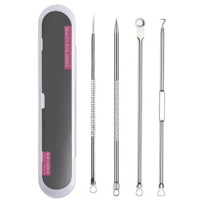 Stainless steel blackhead extraction tool set with 4 loop tips and tweezers, in case