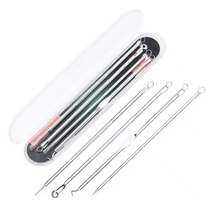Blackhead extraction needle and loop tool set with metal picks, shown in open case