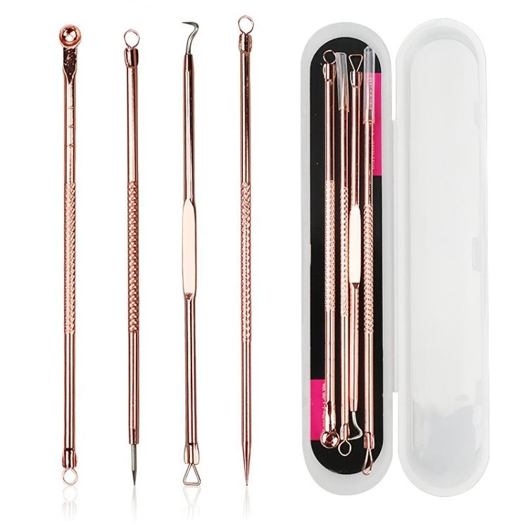 Rose gold blackhead extraction tool set with 4 loop tips and needles, in clear case