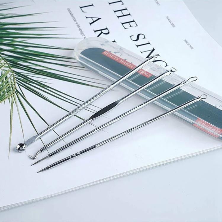 Stainless steel blackhead extraction tool set with 4 tools and protective case