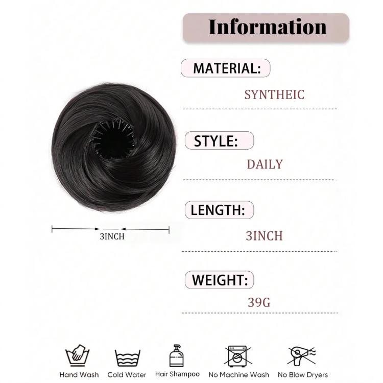 Black synthetic chignon hair bun piece, circular loop shape with center base opening