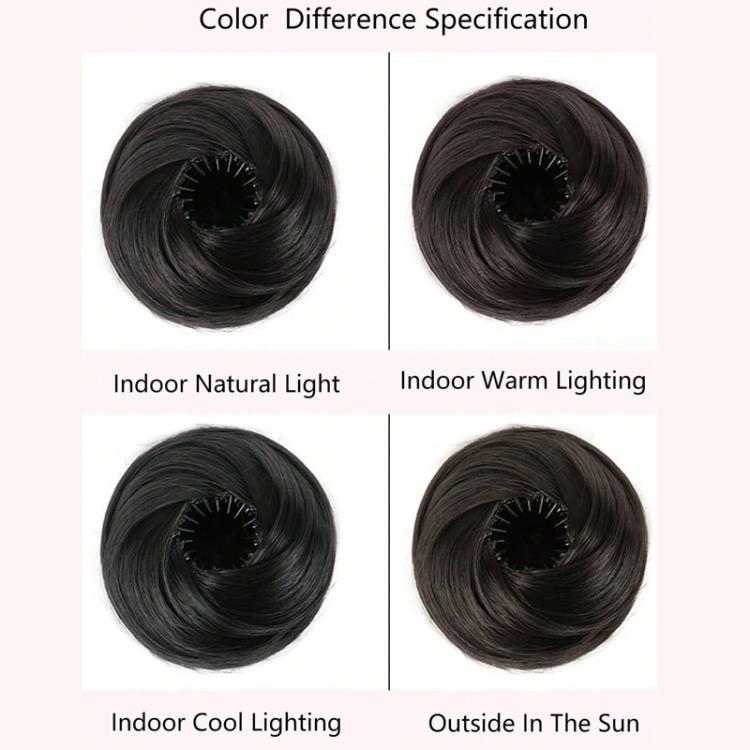 Dark synthetic hair bun piece shown in multiple near-black shades for color comparison