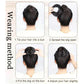 Dark synthetic messy bun hairpiece clipped on a model for updo styling steps