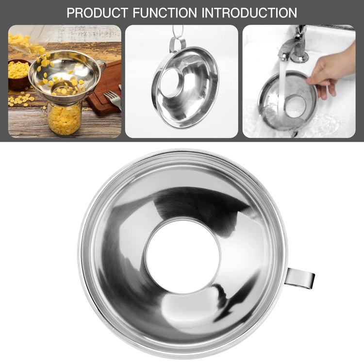 Stainless steel funnel set with mesh insert and handle, shown in step panels