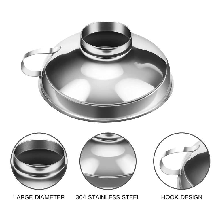 Wide-mouth stainless steel funnel with hook handle and smooth rim