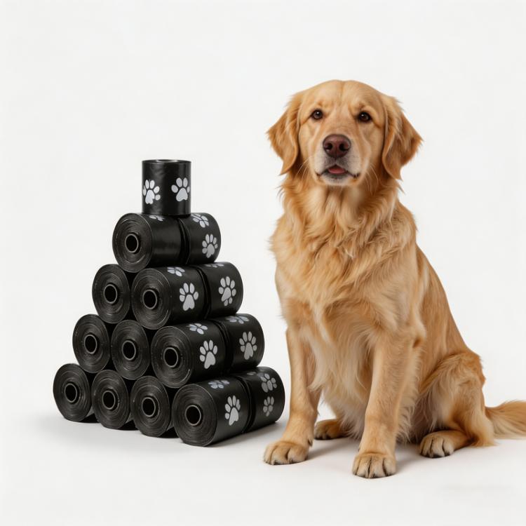 Stacked black dog waste bag rolls with light paw-print icons