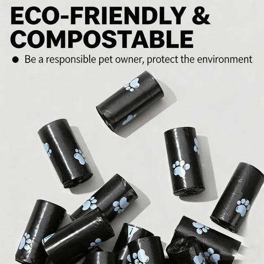 Black dog waste bag rolls with blue paw-print designs