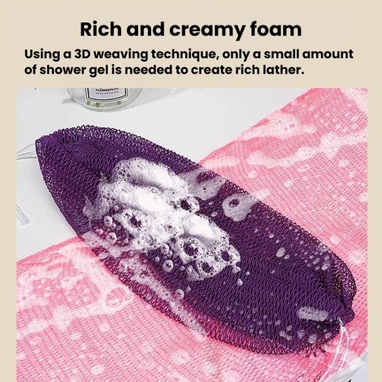 Long exfoliating mesh bath towel with thick lather and bubbles