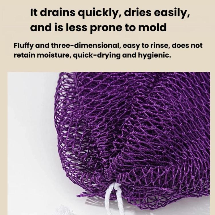 Purple long nylon bath towel with elastic exfoliating woven texture and stitched edge
