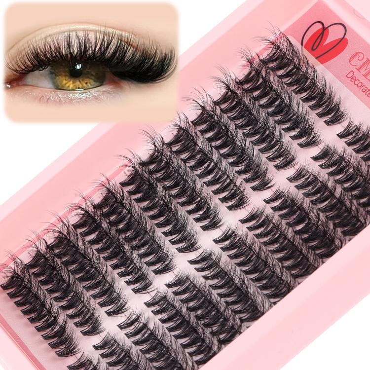 Curled black lash clusters on pink tray, DIY segmented false-lash strips