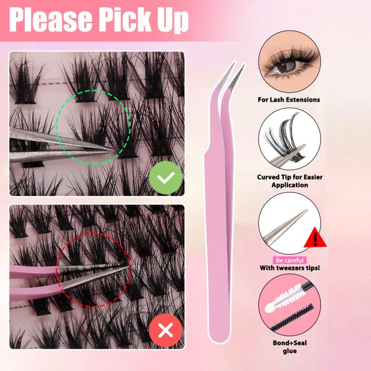 Eyelash application kit with curved tweezers, pick-up tips, and bond-seal glue