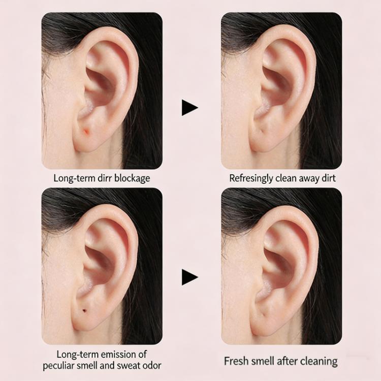 Ear closeup panels showing before and after results of ear cleaning floss use