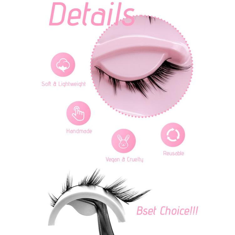 Black false eyelashes with curved lash bands on a pink backing tray