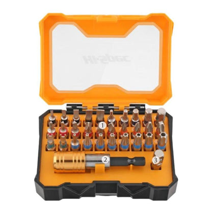 Ratchet screwdriver bit set in orange and black case with mixed metal bits
