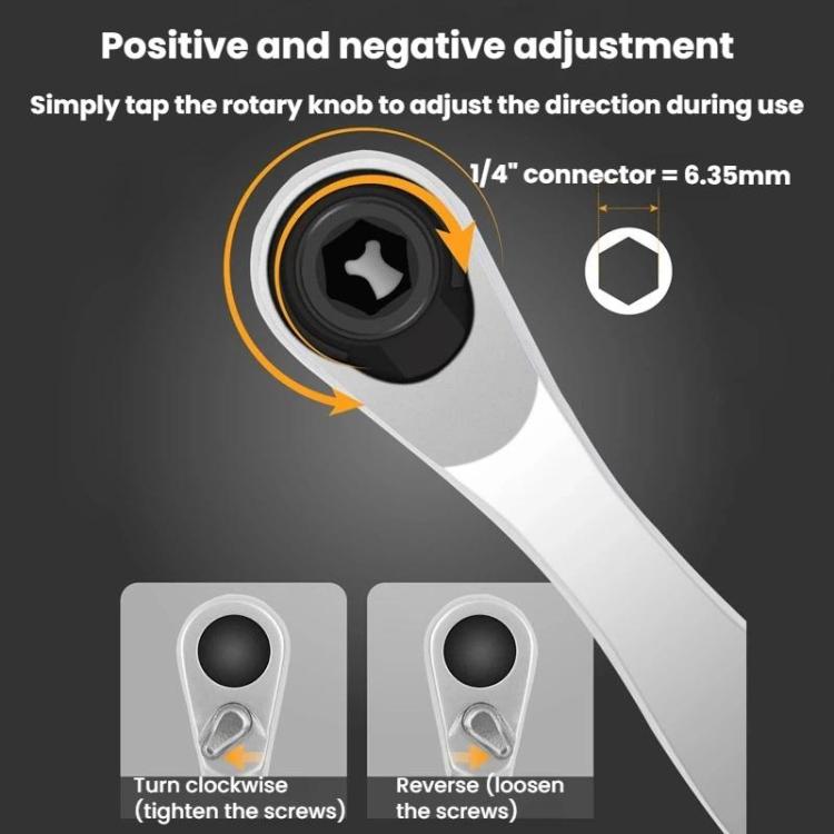 Ratchet screwdriver head showing reversible 1/4 connector and star bit