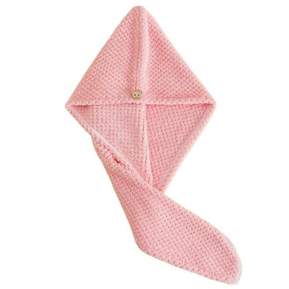 Pink coral fleece hair drying cap with diamond shape and button detail