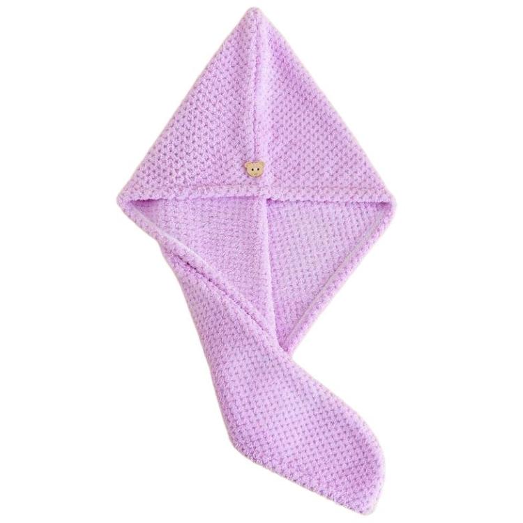 Purple coral fleece hair drying cap with diamond shape and button detail
