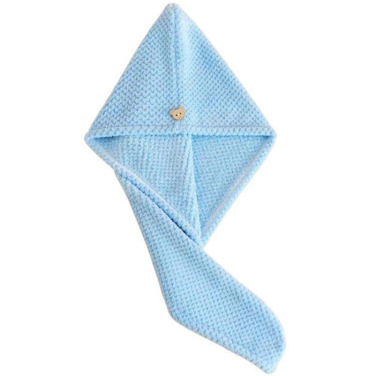 Light blue coral fleece hair drying cap with diamond shape and button detail