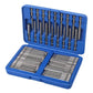 Screwdriver bit set in blue plastic case with multiple long bit pieces